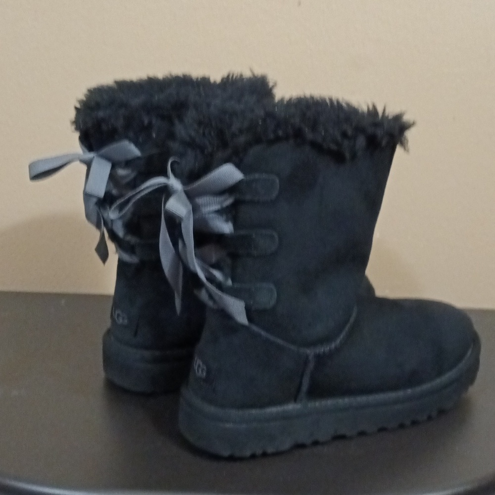 UGG Kids Black Boots with Gray Ribbon